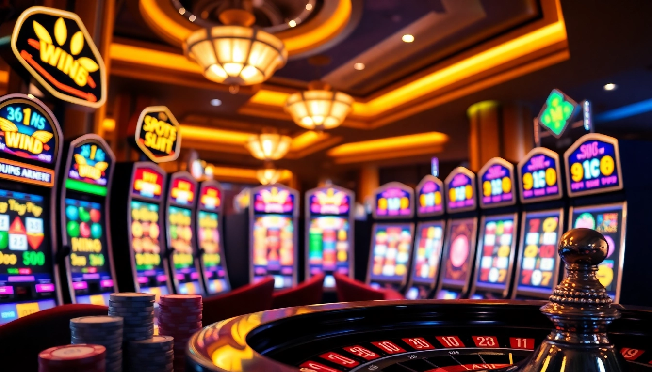 Engaging Slot Game atmosphere with colorful machines, poker chips, and roulette wheel.