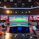 Engaging sports broadcasting studio capturing lively anchors discussing live sports.