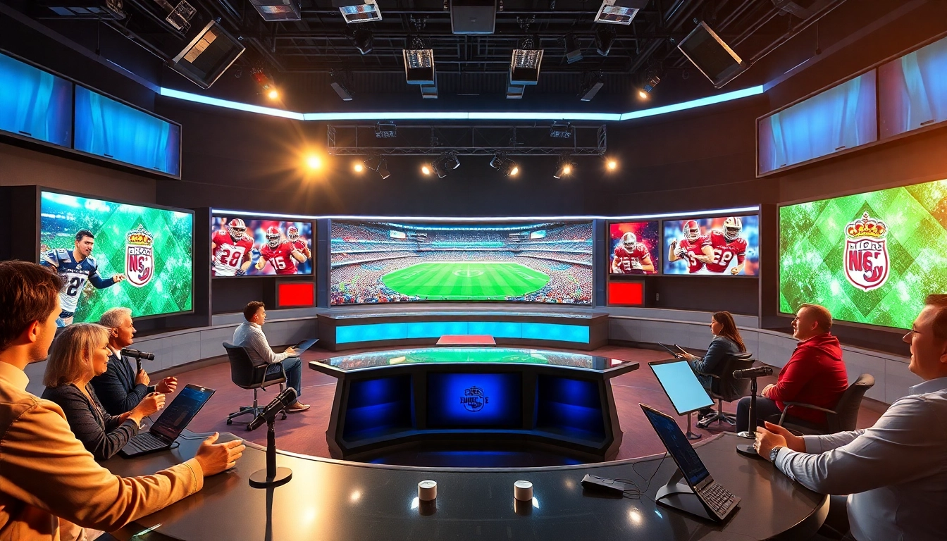 Engaging sports broadcasting studio capturing lively anchors discussing live sports.