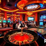 Engaging casino scene with RR99 logo, featuring excited players at roulette and poker tables.