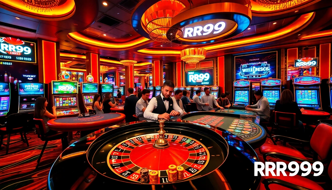 Engaging casino scene with RR99 logo, featuring excited players at roulette and poker tables.