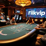 Rikvip players enjoying thrilling blackjack action in a vibrant casino setting.