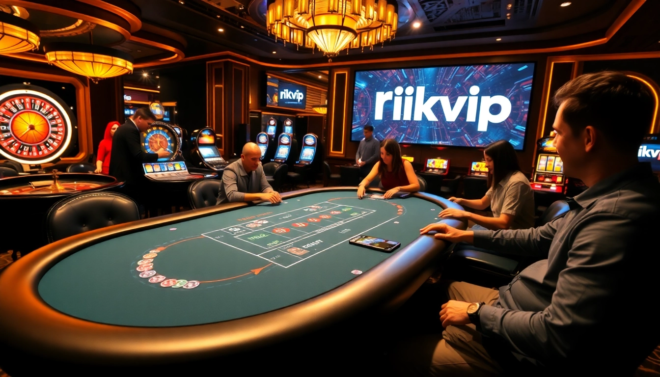 Rikvip players enjoying thrilling blackjack action in a vibrant casino setting.