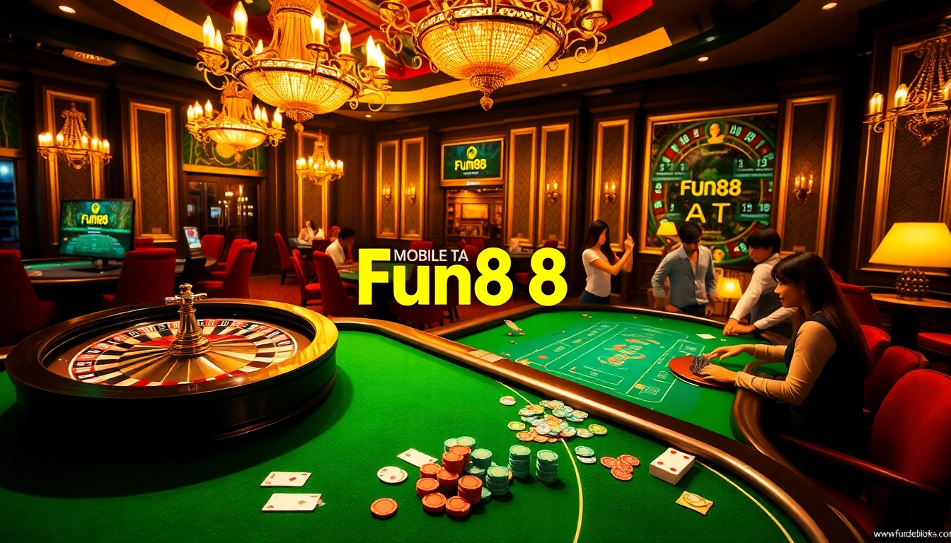 Excited players engaging in high-stakes action at a casino, featuring the Fun88 link prominently.