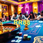 Players enjoying thrilling games at an RR88 KJC casino table, with vibrant chips and cards in action.