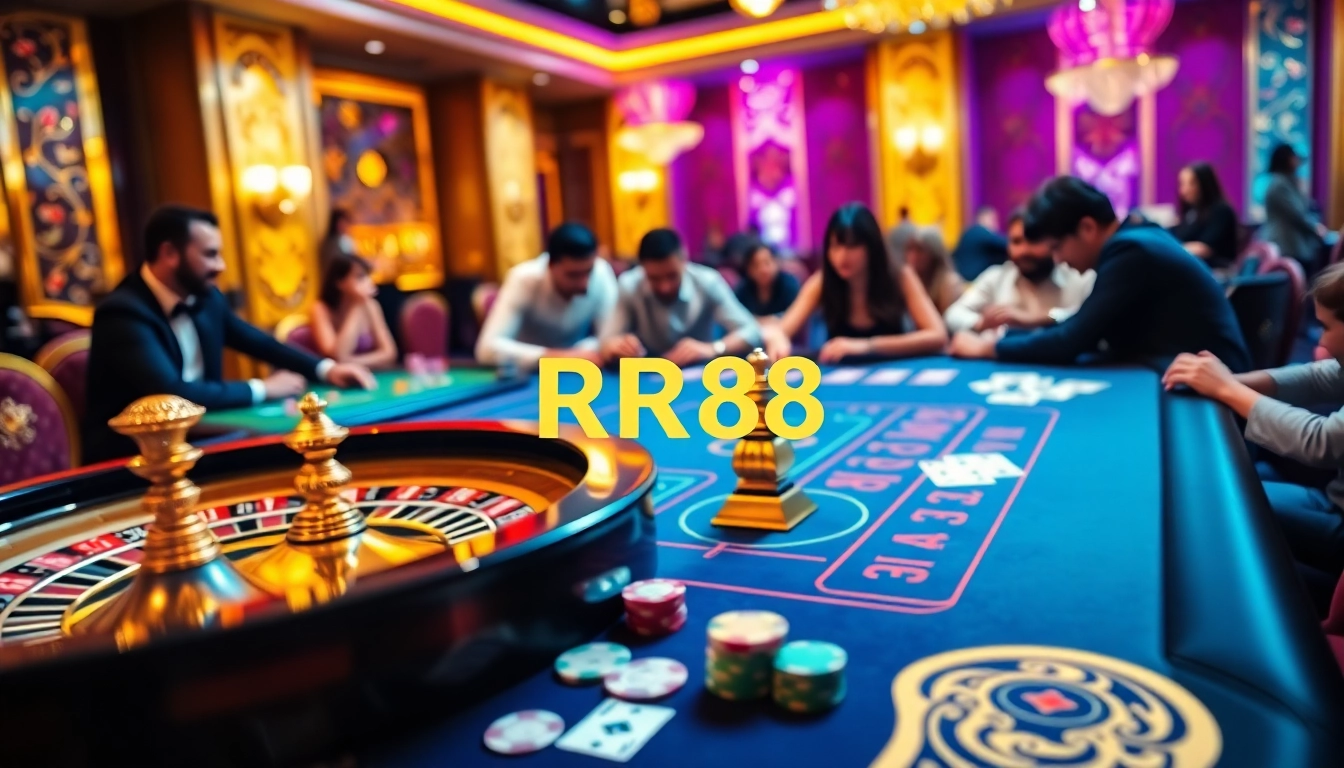 Players enjoying thrilling games at an RR88 KJC casino table, with vibrant chips and cards in action.