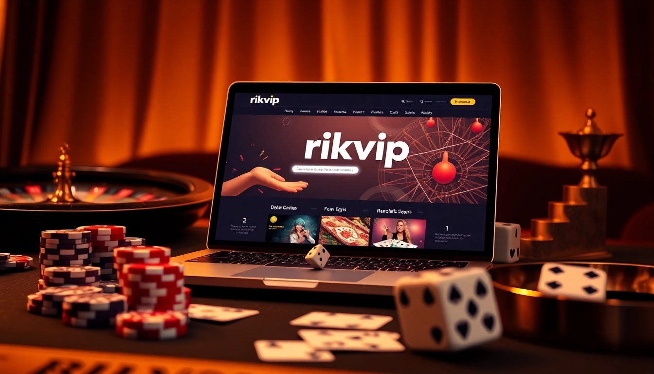 Experience the thrill of online gambling with rikvip featuring poker chips and roulette.