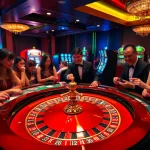 A vibrant max88 gaming table with players excitedly participating, featuring colorful chips and cards in a luxurious casino setting.