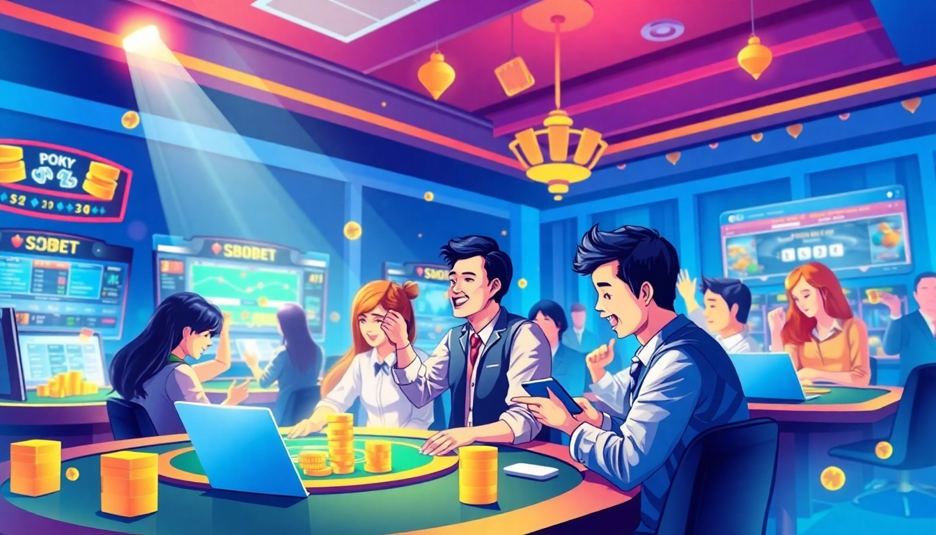 SBOBET.dance online gambling excitement with vibrant visuals of poker tables and sports betting.
