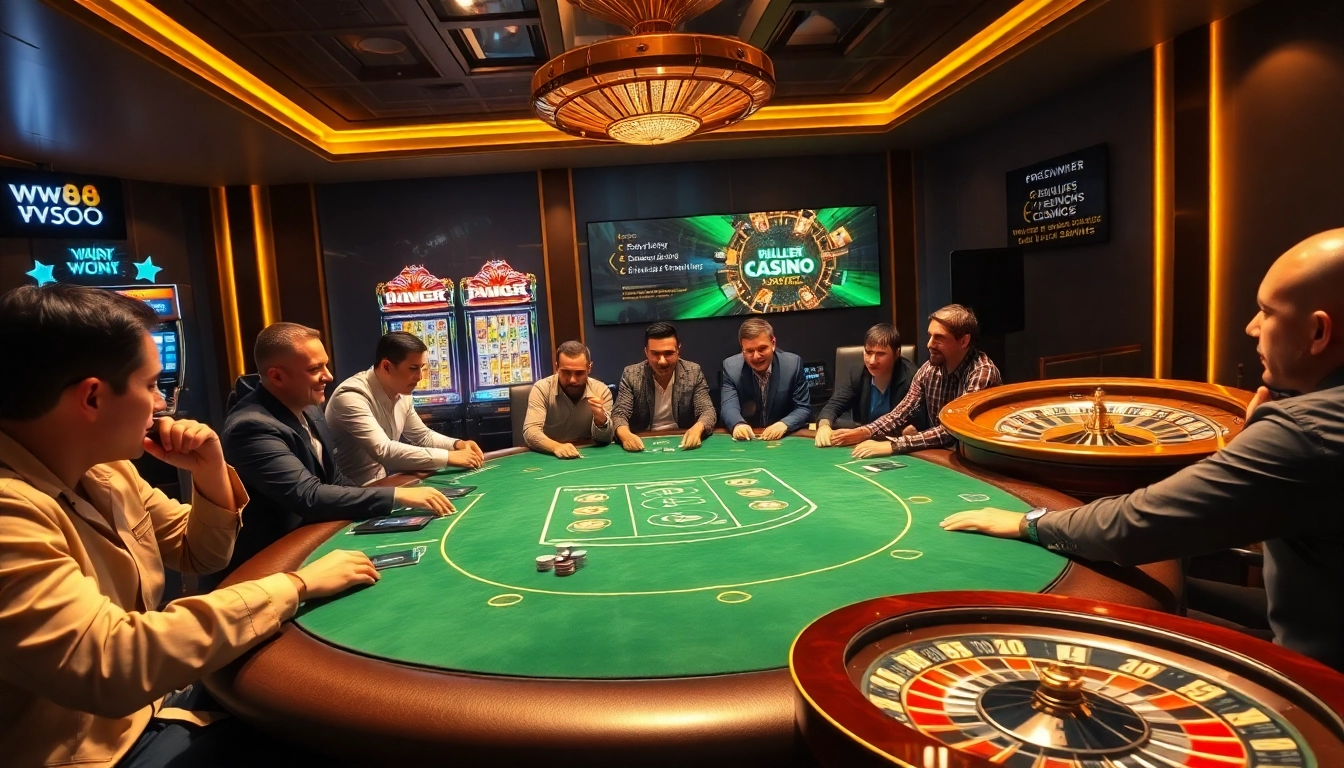 Experience the thrill of gambling at ww88 with players engaged in a lively poker game at a luxurious casino table.