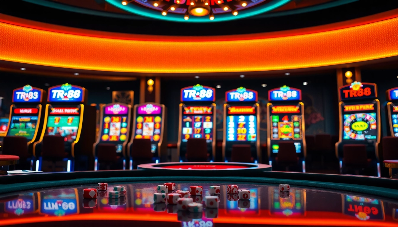 Experience nổ hũ TR88 excitement with vibrant slot machines and casino elements.