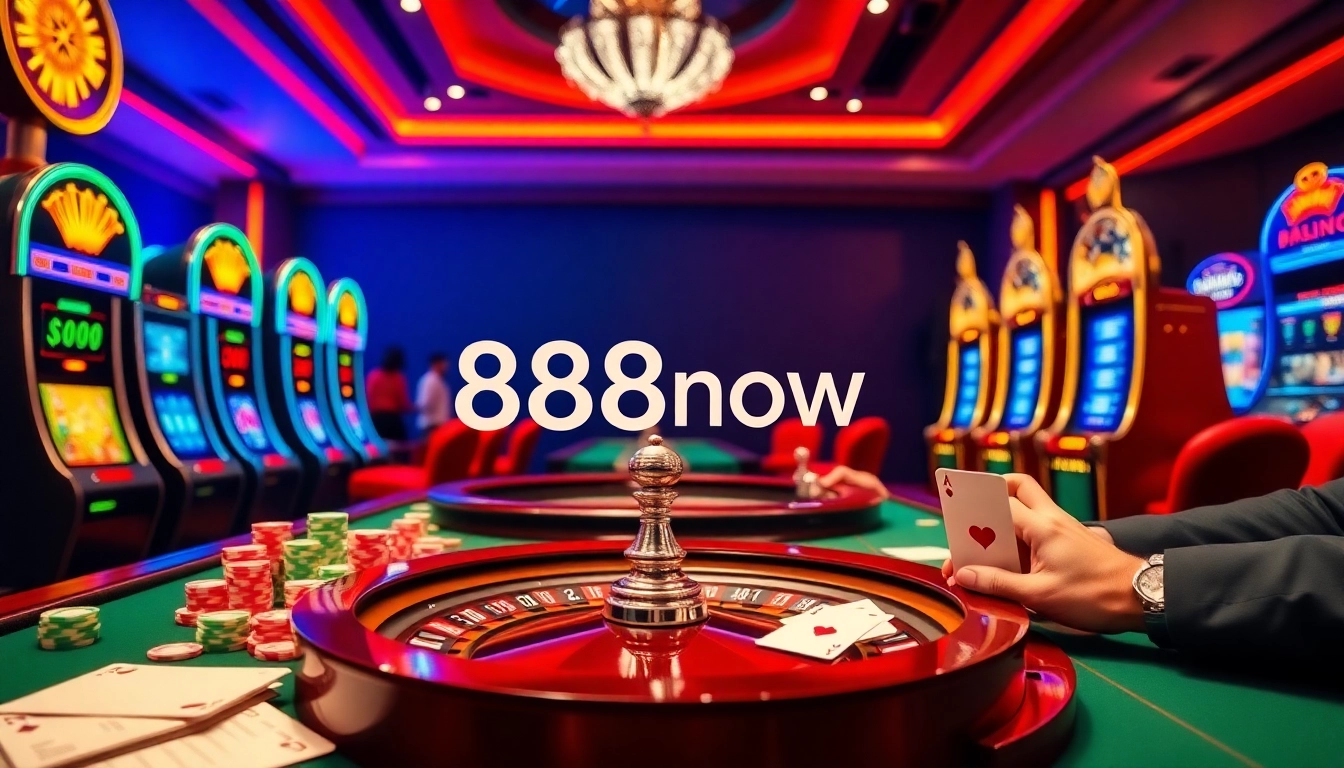 Players enjoying a vibrant gaming experience at 888now casino with exciting poker and slot machines.