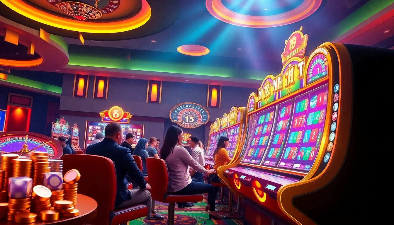 Nổ hũ 8KBET players enjoying an exciting slot game experience with vibrant colors and casino elements.