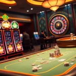 SODO Casino players engage in high-stakes action at luxurious tables with vibrant slot machines.