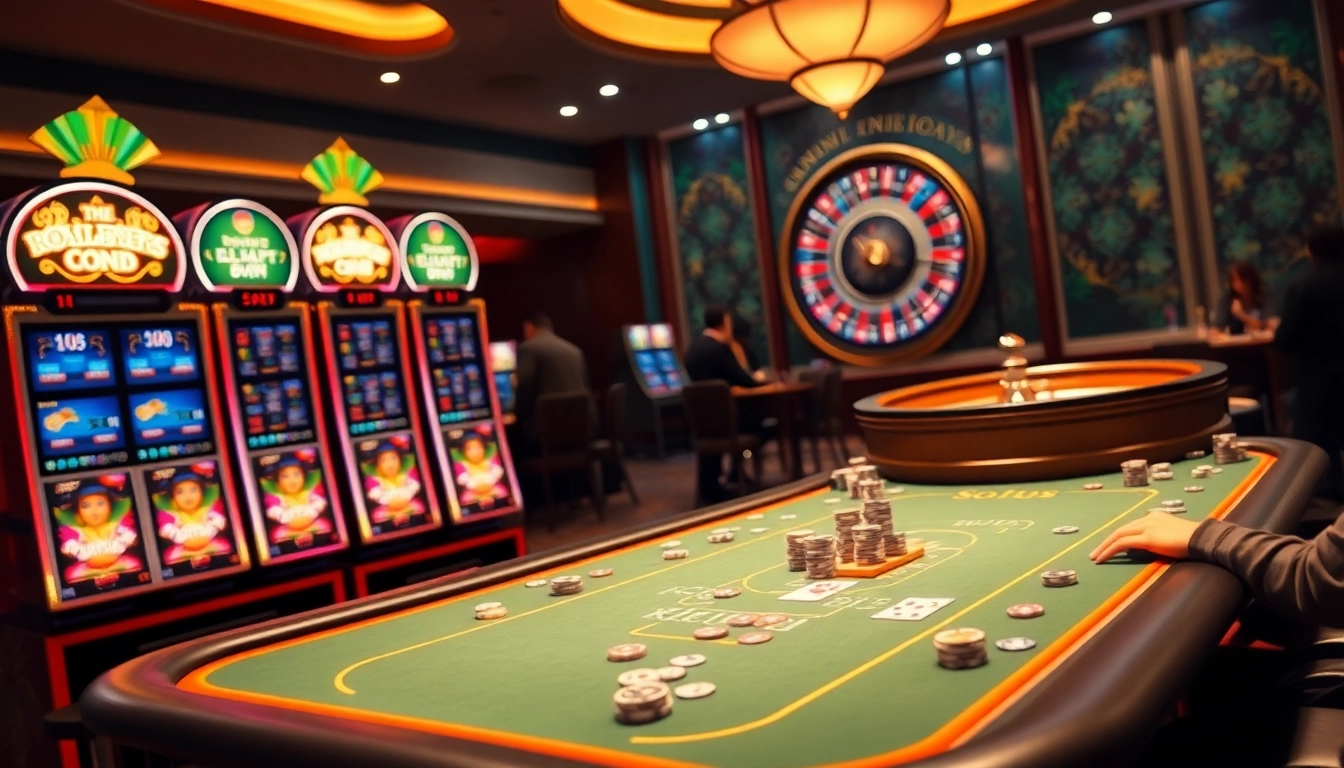 SODO Casino players engage in high-stakes action at luxurious tables with vibrant slot machines.
