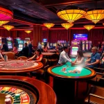 Engaged gamblers play at SV88's vibrant online casino with poker tables and slot machines.