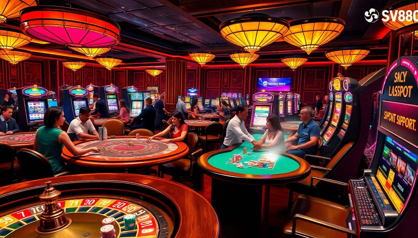 Engaged gamblers play at SV88's vibrant online casino with poker tables and slot machines.