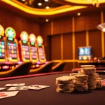 L567 slot machine display with poker chips and roulette wheel enhances online gambling excitement.