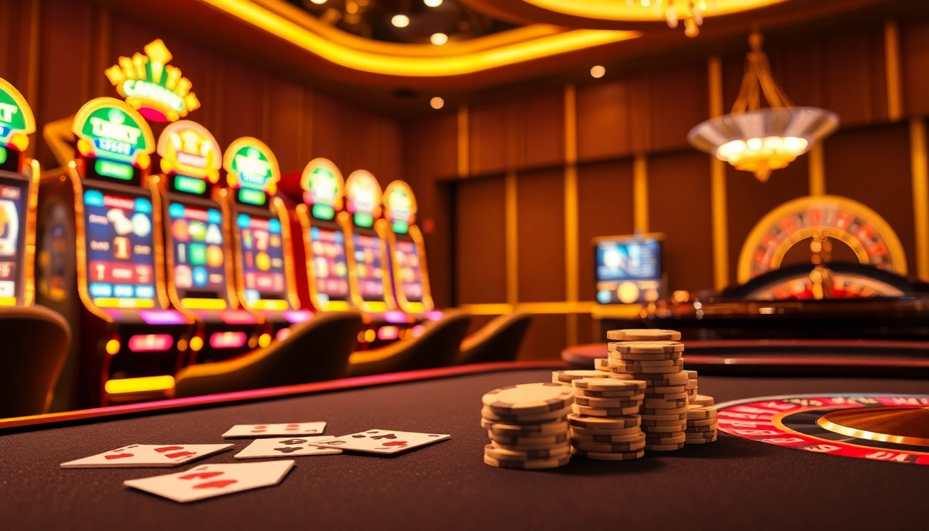 L567 slot machine display with poker chips and roulette wheel enhances online gambling excitement.