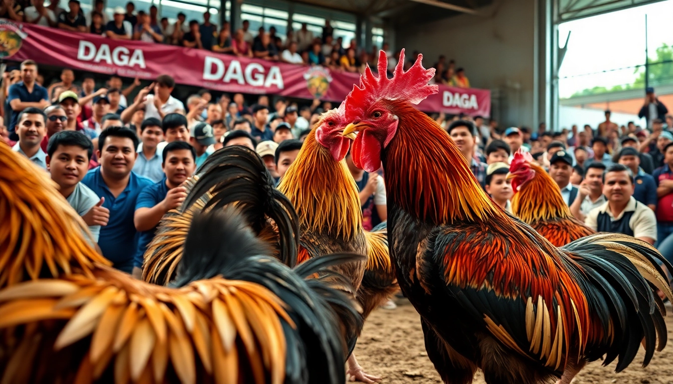 DAGA live cockfighting scene, showcasing intense battles and excited crowd, enhancing the thrill of dagawin.live.