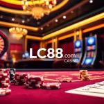 Gambling excitement at LC88.COM with poker chips, a vibrant casino table, and modern gaming interface.