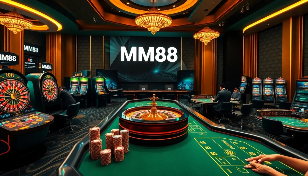 Players enjoy engaging games at MM88, featuring vibrant roulette wheels and slot machines in a luxurious setting.