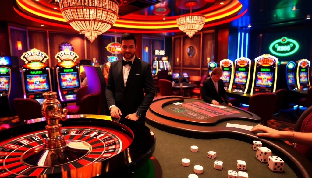 Engaging players at RR88 enjoying a high-stakes poker game and roulette in a luxurious casino.