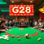 Gamblers enjoying a vibrant G28 casino experience with poker tables, slot machines, and dice.