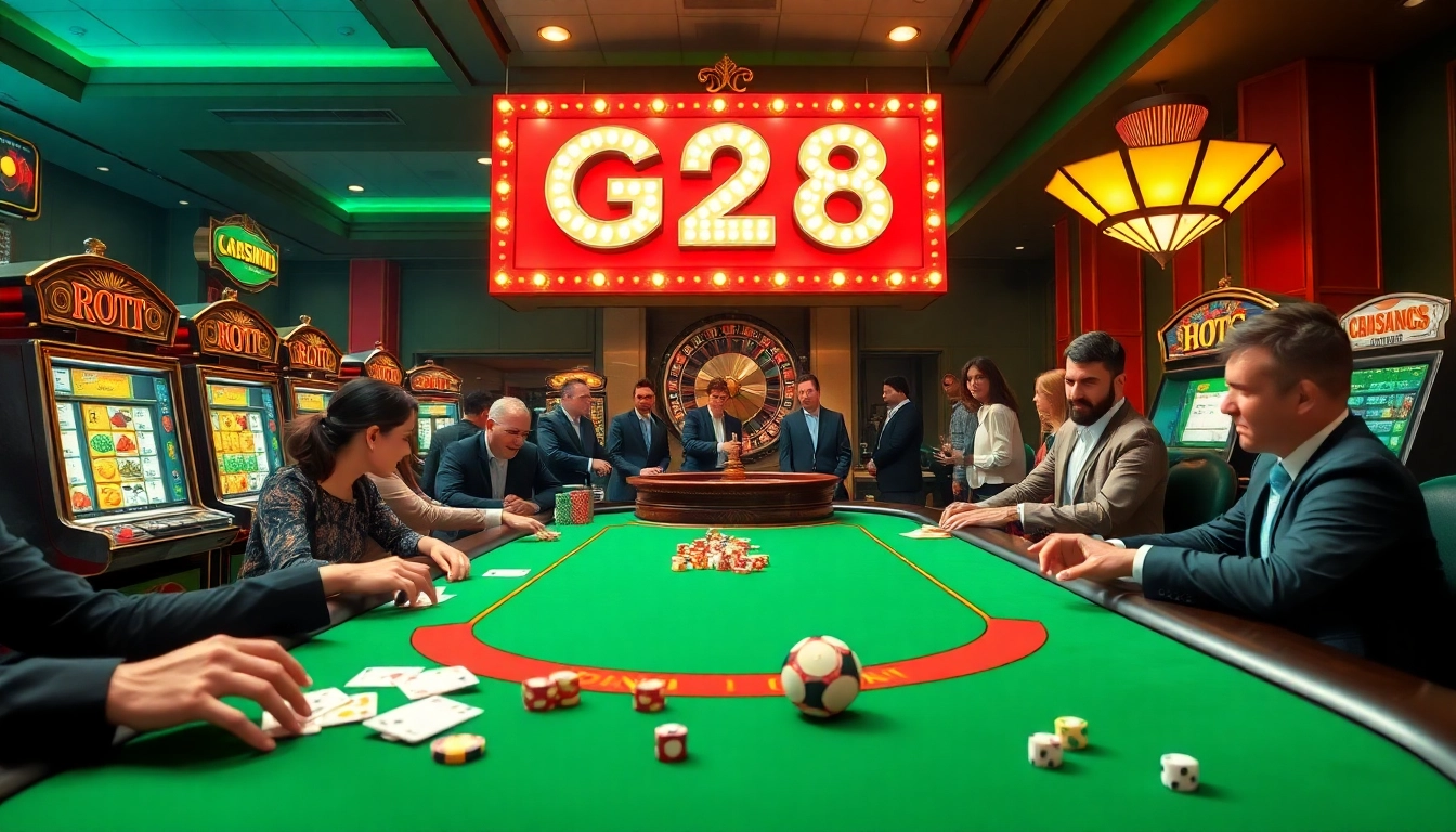 Gamblers enjoying a vibrant G28 casino experience with poker tables, slot machines, and dice.