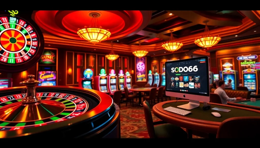 SODO66 offers a thrilling casino experience featuring dazzling slot machines and a lively roulette wheel.