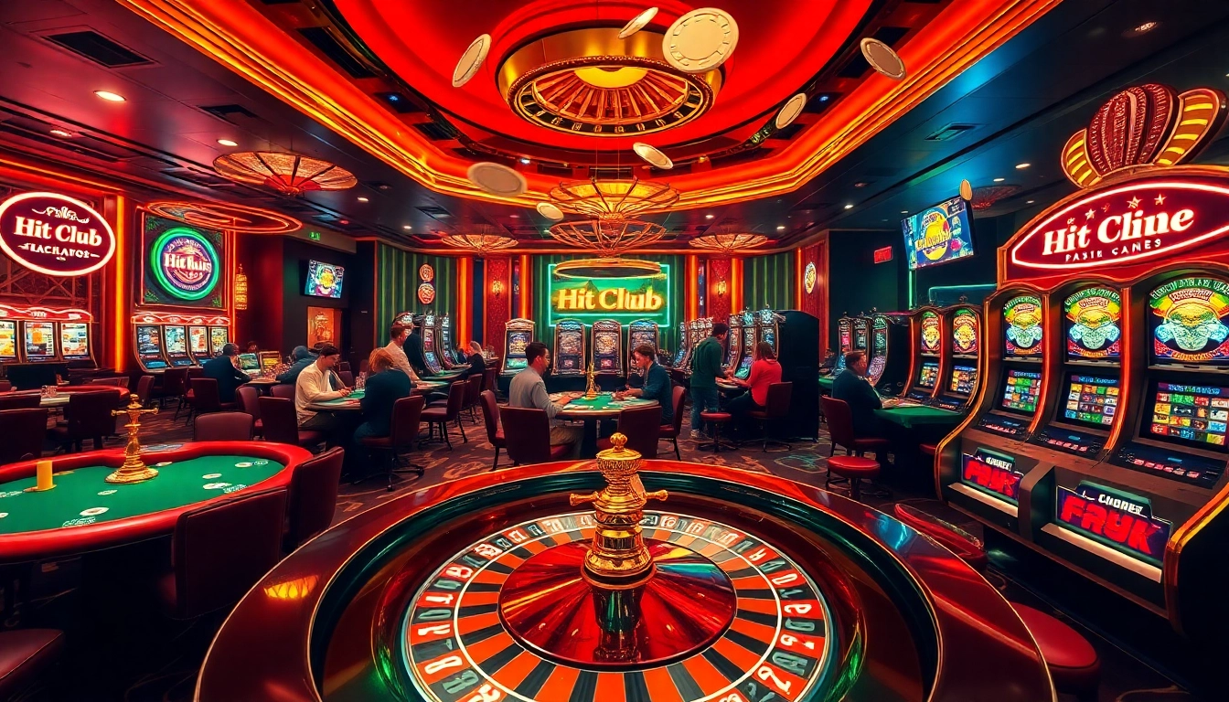 Experience the excitement of Hit club with a vibrant casino scene featuring poker, roulette, and slot machines.
