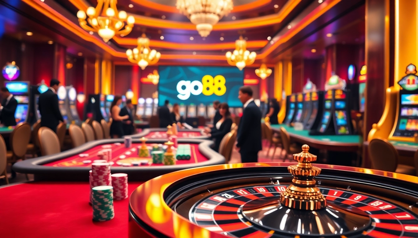 Exciting casino gameplay showcasing go 88 with poker chips, roulette wheel, and luxury tables.