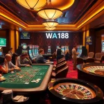 Players enjoying high-stakes poker and slots at W188 casino, capturing excitement in a luxurious setting.