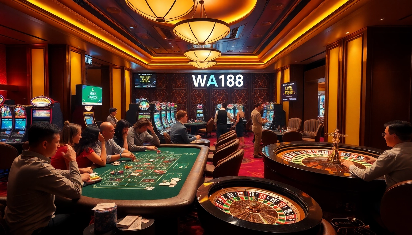 Players enjoying high-stakes poker and slots at W188 casino, capturing excitement in a luxurious setting.