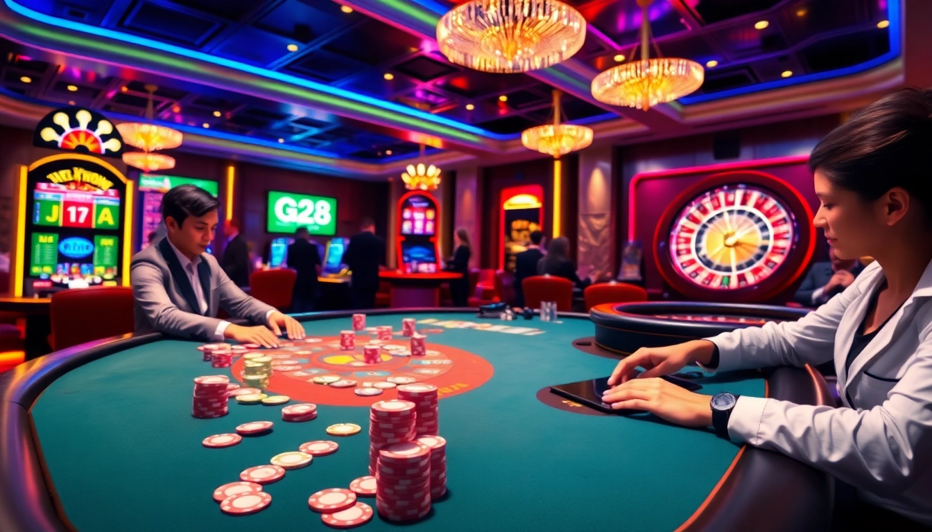 G28 online casino scene depicting vibrant gaming tables with engaged players and professional dealers.