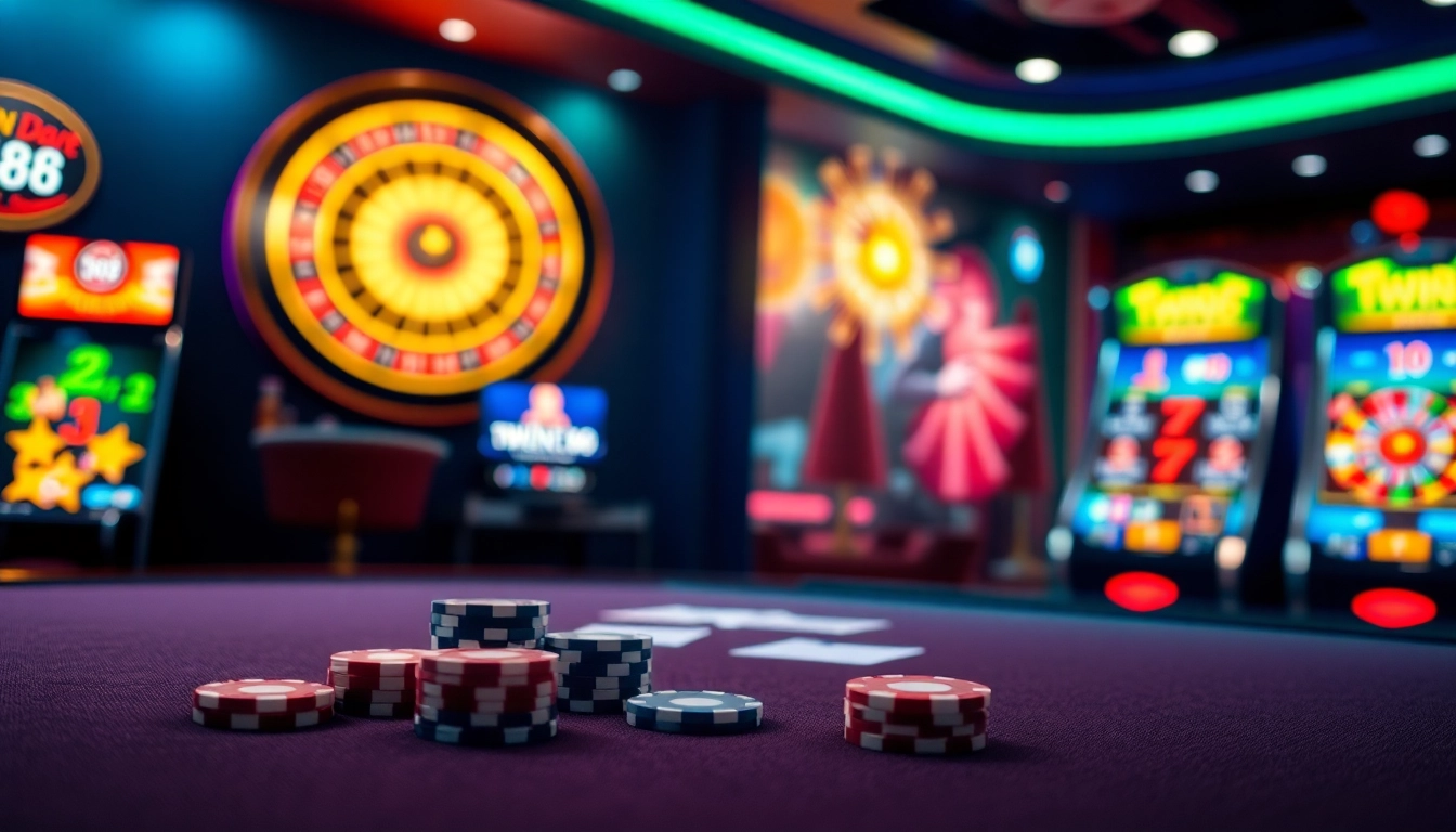 Engage with TWIN68 at an exciting virtual casino table, showcasing poker chips and cards.