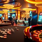 Players enjoying various games at nhà cái 8XX casino, showcasing poker, roulette, and vibrant slot machines.