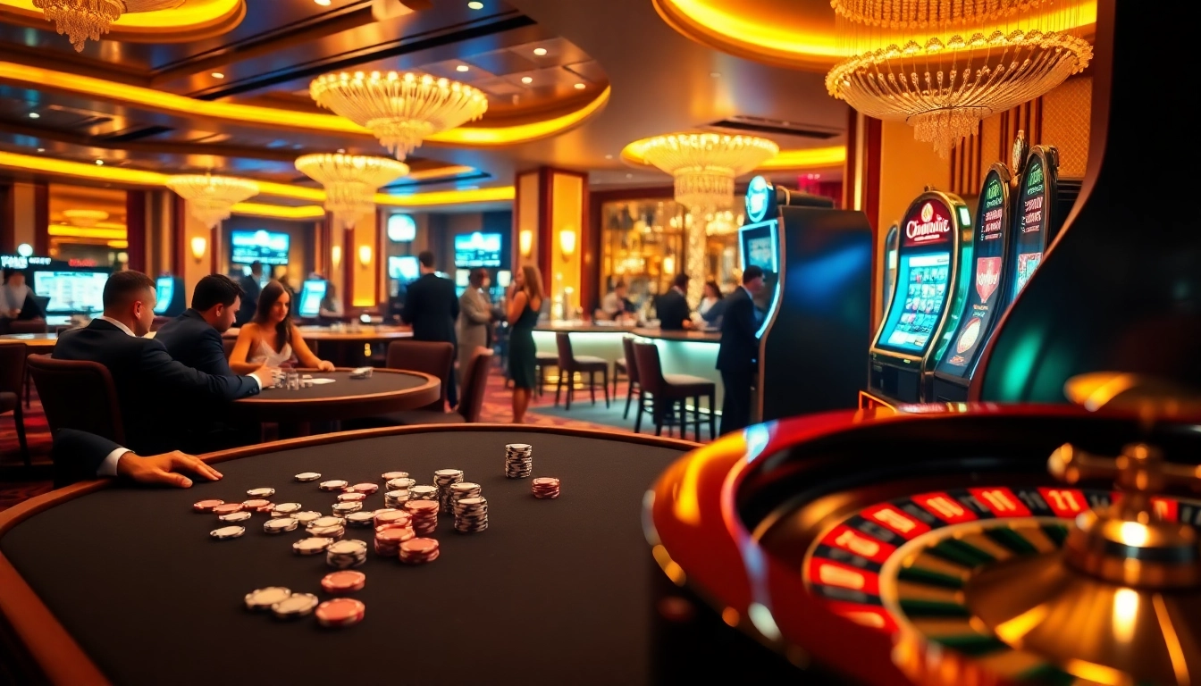 Players enjoying various games at nhà cái 8XX casino, showcasing poker, roulette, and vibrant slot machines.
