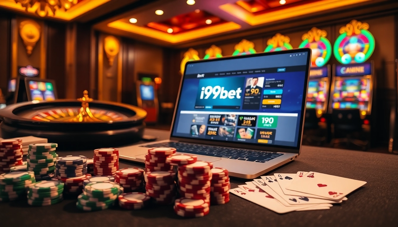 Engage in the excitement of i9bet with a luxurious gambling setup featuring poker chips and roulette.