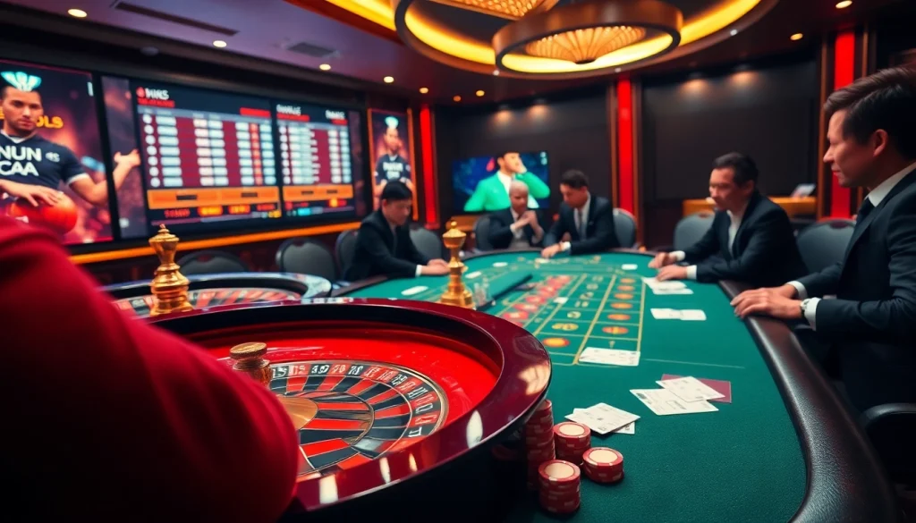 Engaging scene of professional gamblers using keo nha cai strategies at a casino betting table.