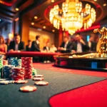 Capture the thrill of gambling action at https://luongsontv5.com/ with a vibrant poker table and roulette wheel.