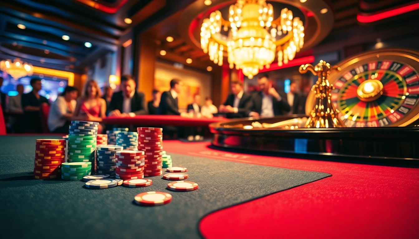 Capture the thrill of gambling action at https://luongsontv5.com/ with a vibrant poker table and roulette wheel.