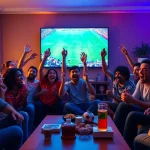 Socolive enhances the football viewing experience with excited fans in a vibrant living room.