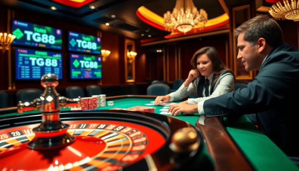 Engaging high-stakes poker game at TG88 casino with vibrant chips and cards.