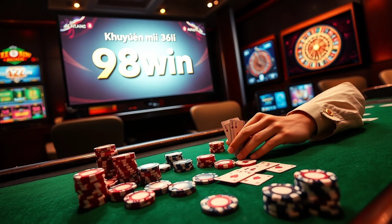 Exciting casino atmosphere showcasing Khuyến mãi 98win promotions with vibrant poker chips and cards.