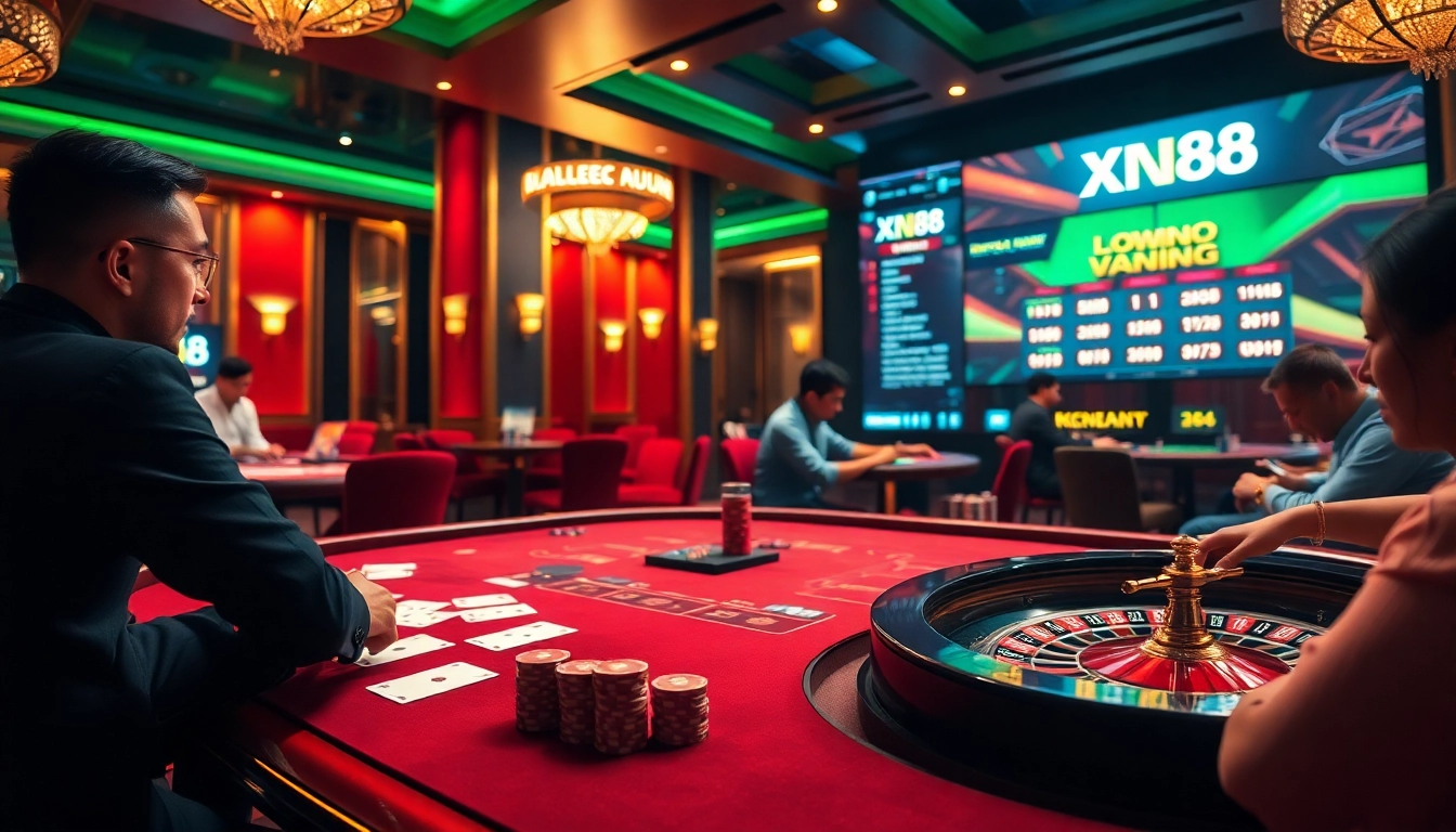 Players engaging with cards and a roulette wheel at XN88, a premium online casino.