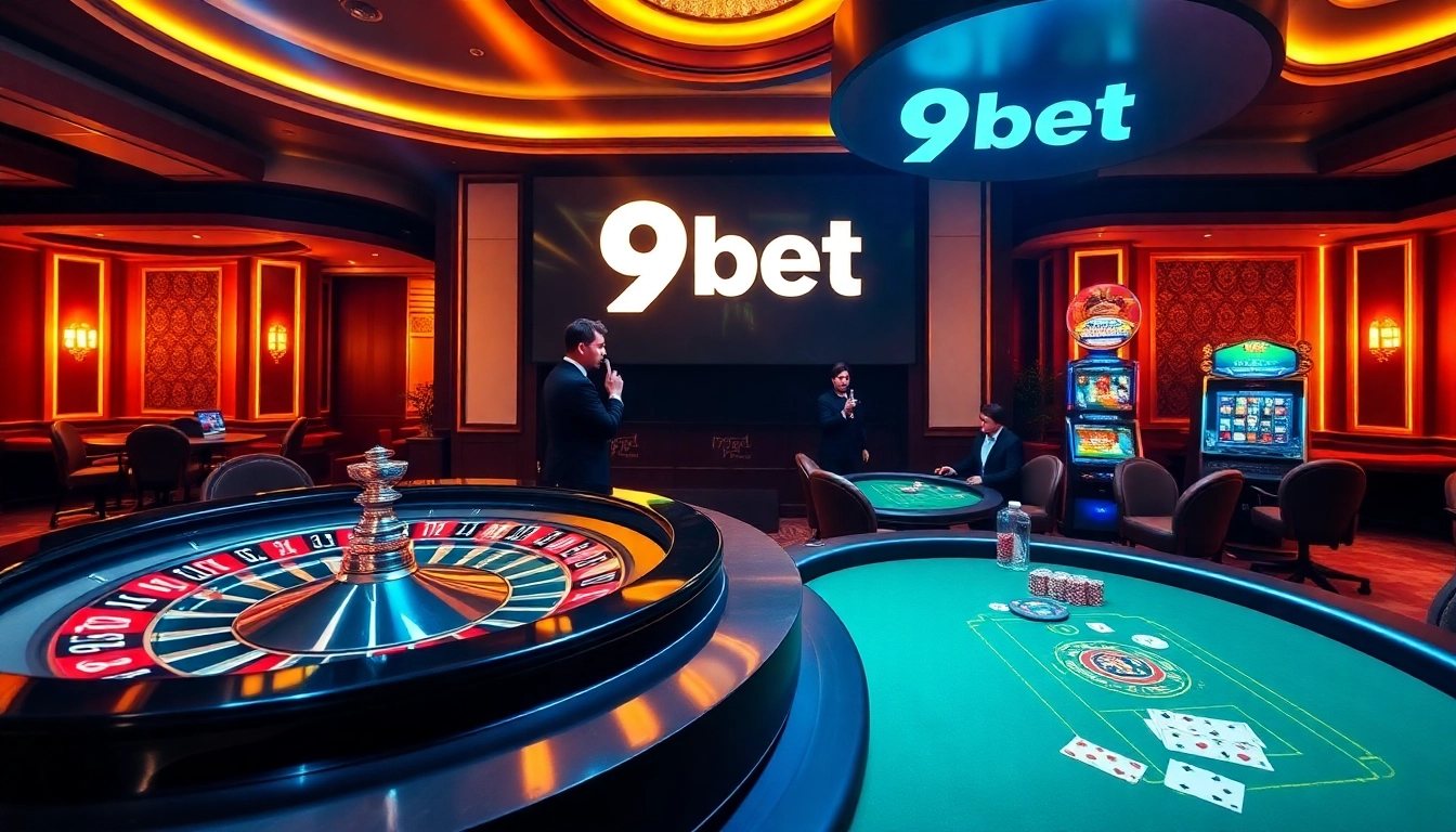 Experience the thrill of 9bet with players at a vibrant poker table in an elegant casino setting.