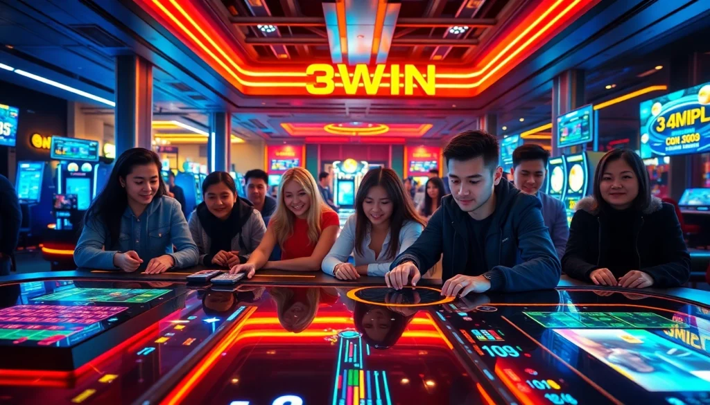 Engaging online gaming scene at 3WIN featuring diverse players and dynamic digital interfaces.