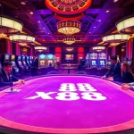 Exciting scene of players engaging with X88-themed gaming tables at a vibrant casino.