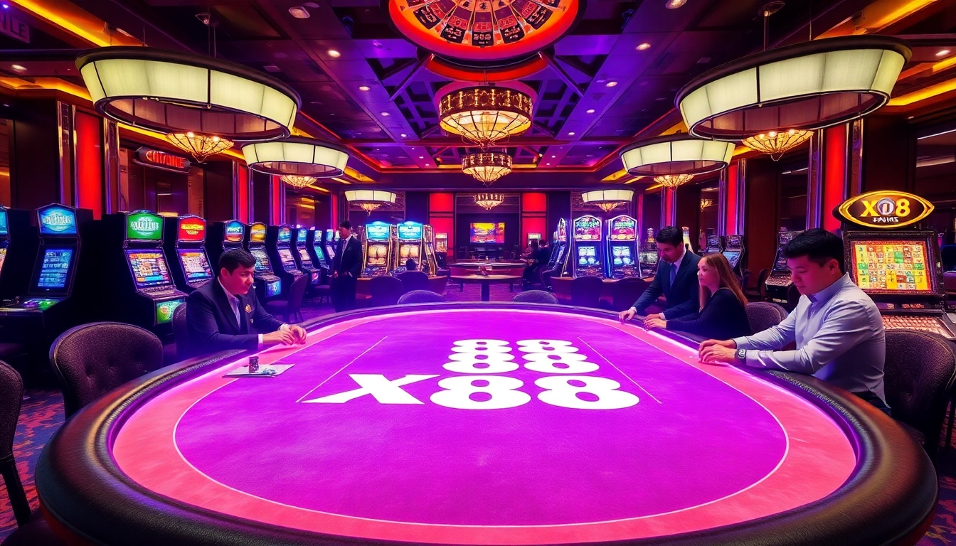 Exciting scene of players engaging with X88-themed gaming tables at a vibrant casino.
